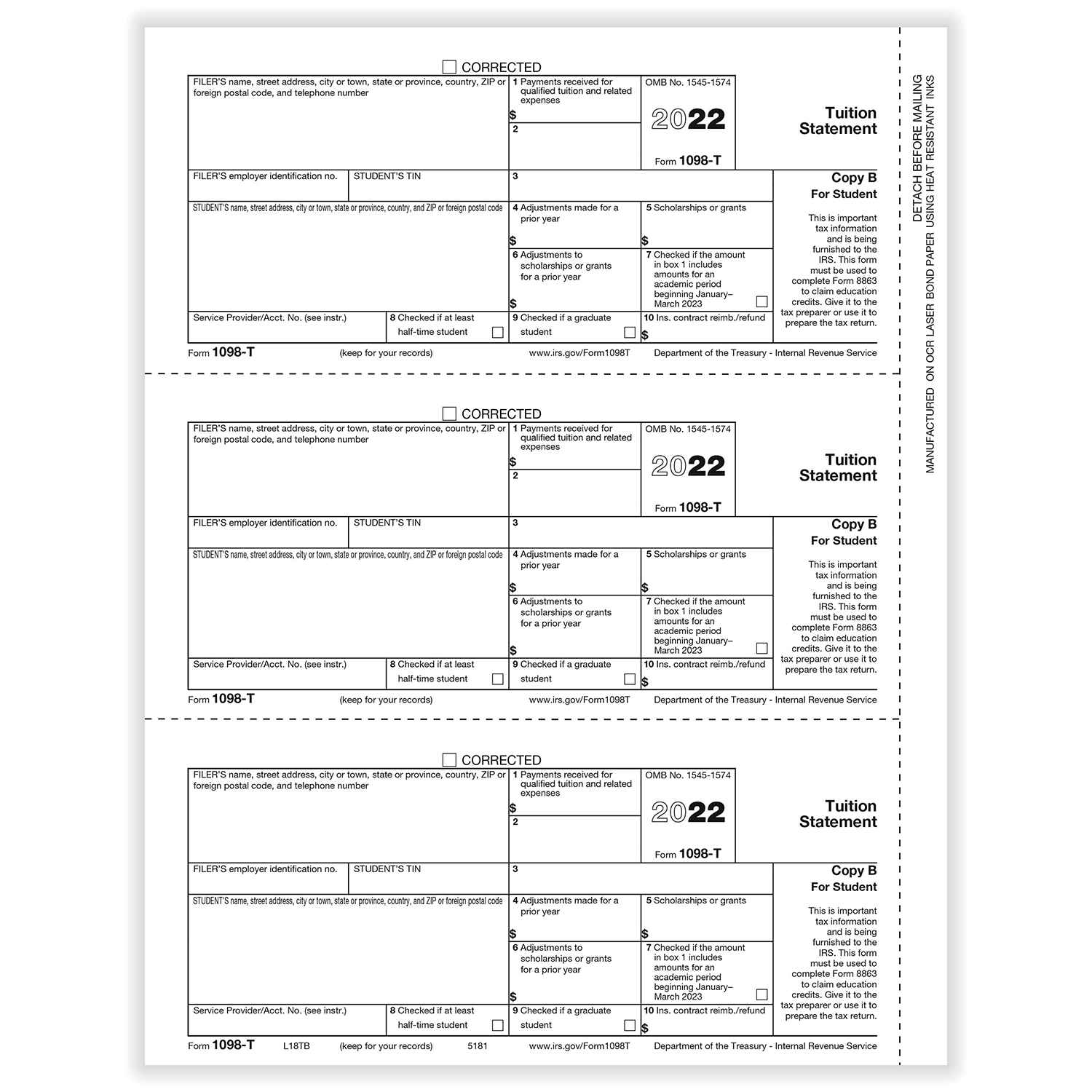 1098-T Tuition Payments Statement Student Copy B Cut Sheet - 100 Sheets (300 Forms/Pack)